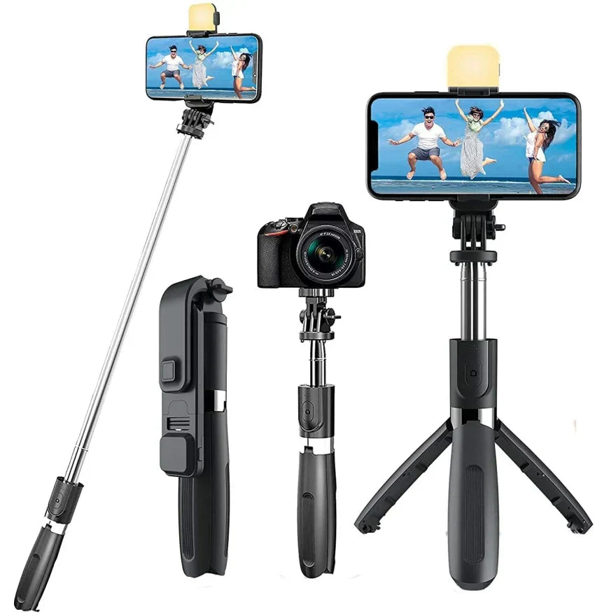 4-in-1 Bluetooth Selfie Stick Tripod | Extendable Stand with Wireless Remote, LED Light & Camera Holder